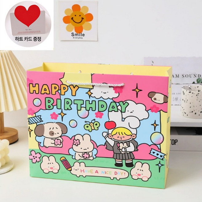 VITALO 해피버스데이 생일 쇼핑백 5P 답례품 선물용 포장 종이 가방 고급 종이백 (하트카드 5개 지급), PGC_핑크 대형(30x24x12cm)