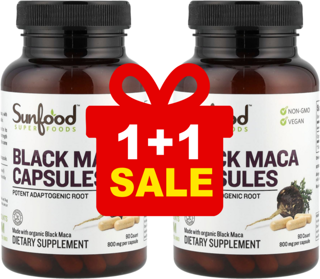 1+1 선푸드 아답토젠 뿌리 유기농 블랙 마카 캡슐 800mg 베지 캡슐 90정 / 해외직구 미국정품, 2개