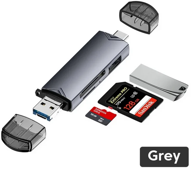 6 in 1 카드 리더기 USB3.0-유형 C SD TF 고속 전송 플래시 드라이브 지원 노트북 액세서리용 2TB OTG 어댑, 02 Grey, 01 빠른