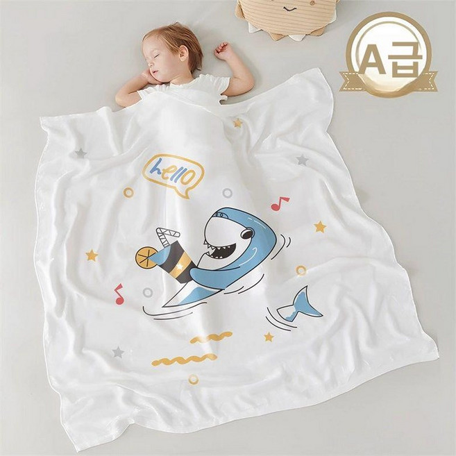 유아여름이불 낮잠이불 얇은 담요 신생아용 신생아 블랭킷 이불 침구 패드 침대 유모차 재생셀룰로오스섬유, 아기상어 휴가-105x105cm