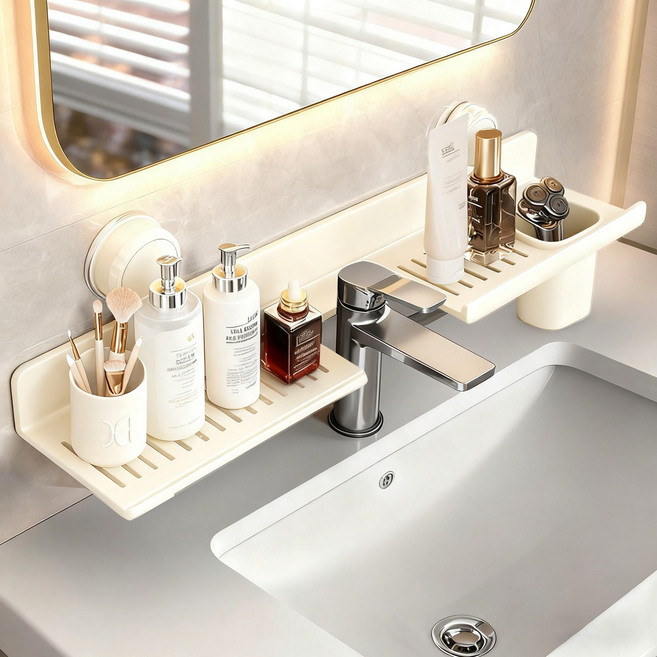 KEMEI 무타공 흡착식 욕실 싱크대 수전 정리대 / 거치대 욕실 치약 칫솔 면도기 수납함, 크림 화이트