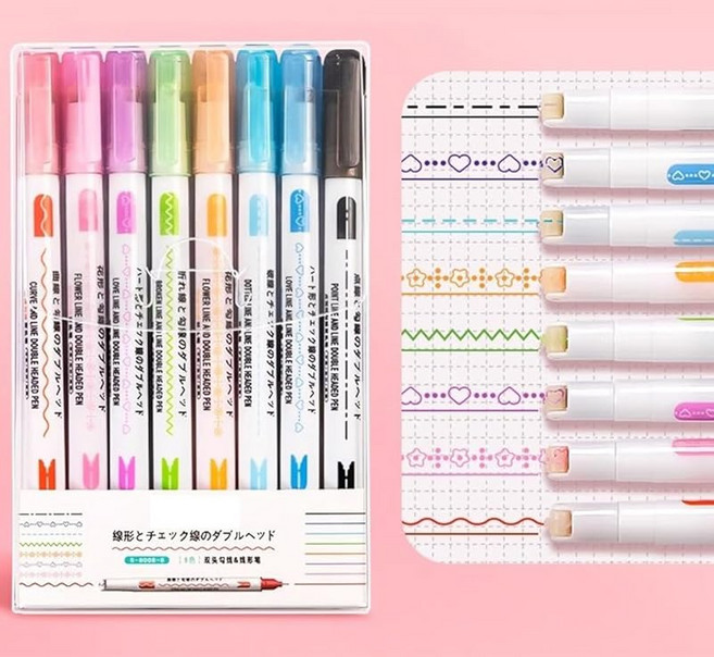 커브 펜 수성 펜 듀얼 칩 펜 꽃무늬/하트/점선/물결 필기 공구 양두 속건 튼튼한 쓰기 편한 수납 편리 선물 그림 수첩 DIY 일기 마킹 메모 취급 사무용품 8, 1개, 상세페이지 참조