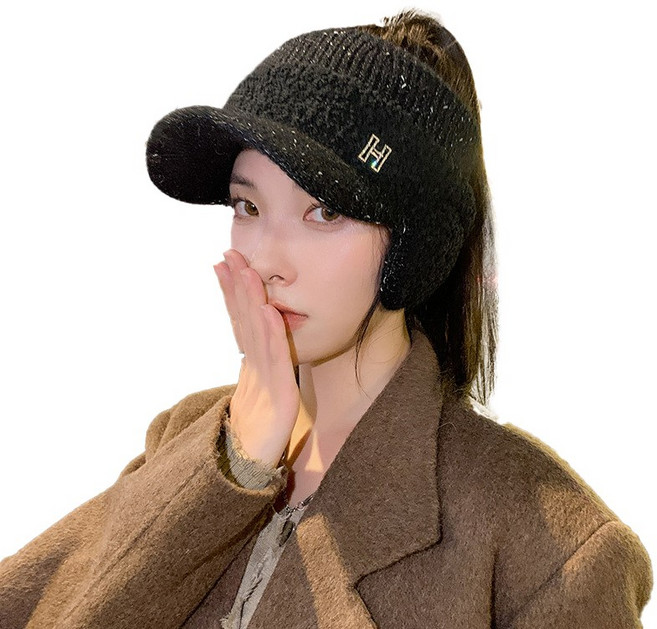 헤이 니트썬캡 여성용 겨울 방한 스키모자 털 귀달이 모자, 1개, 블랙