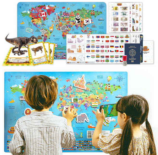 어린이 세계지도 학습벽보 + AR 앱 - 초등 역사 문화 어린이 선물 쥬키토키, [단품]입체자석 3종 9세트99개, 한글