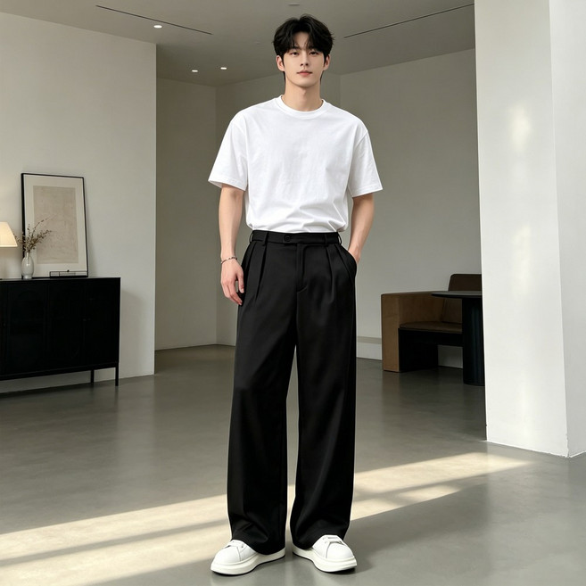 드레이프감 좋은 블랙 와이드 슬랙스 남성 댄디룩 루즈핏 바지