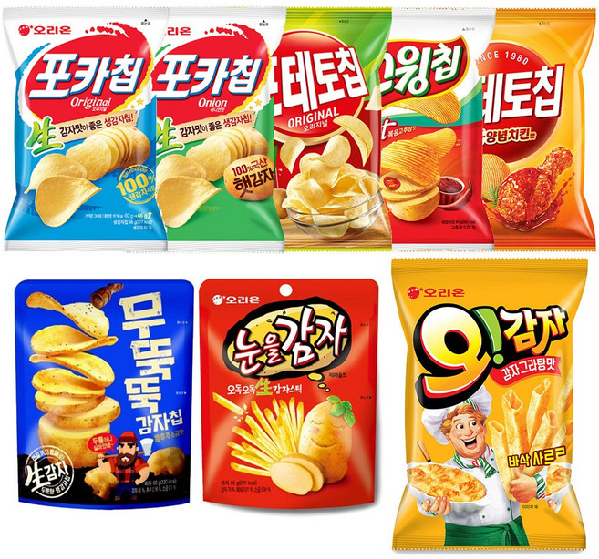 과자선물세트 4호 포카칩+포카칩어니언+포테토칩+스윙칩+K양념치킨맛+무뚝뚝감자칩+눈을감자+오감자 각1개씩, 1개