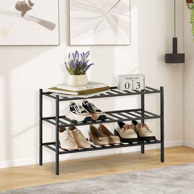스택형 대나무 신발 선반 현관 복도 독립형 수납 선반 안정적인 신발장 정리 선반 (블랙), 3단, black