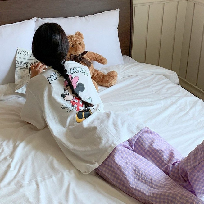 디즈니 미키 미니 잠옷 세트 미키마우스 미니마우스 반팔 티셔츠 체크 긴바지 파자마 세트 홈웨어