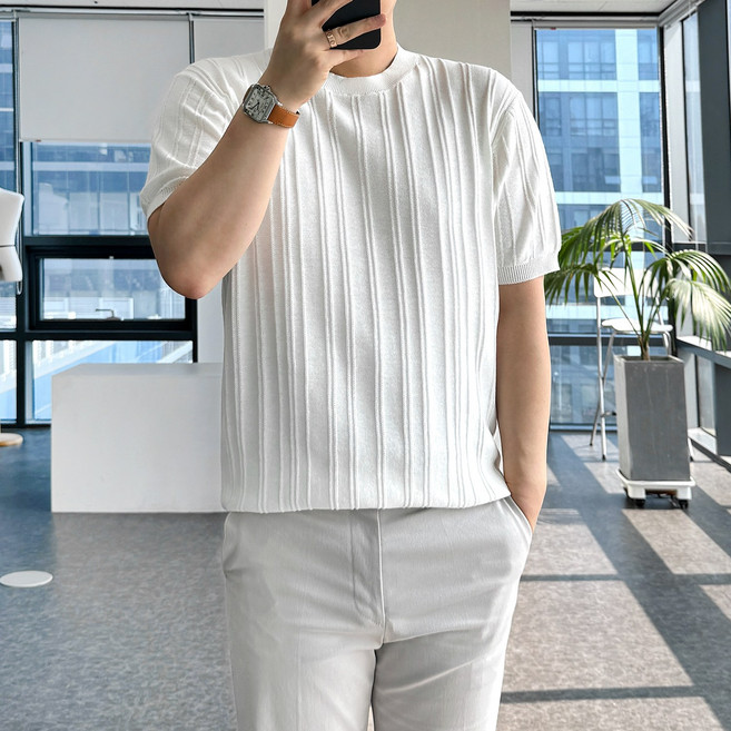 룩플레인 세련된 냉감 원단 파츠 디테일 여름 반팔 니트 3color