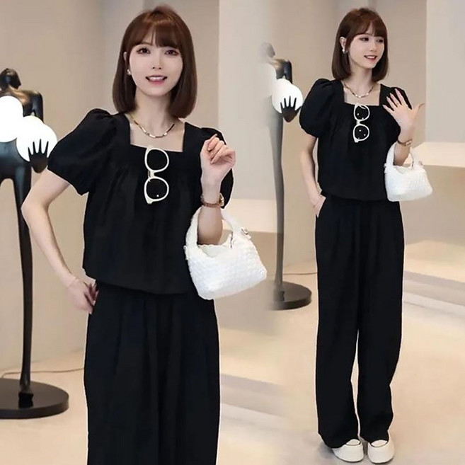 지고다그 여성 여름 오프숄더 블라우스 와이드 팬츠 세트 루즈핏 우아한 캐주얼 상하의세트 투피스 ZK3827