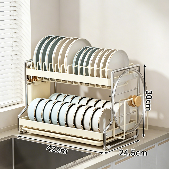 WHH 튼튼한 L형 탄소강 주방 조립식 식기 건조대, 1개, 베이지, 2단