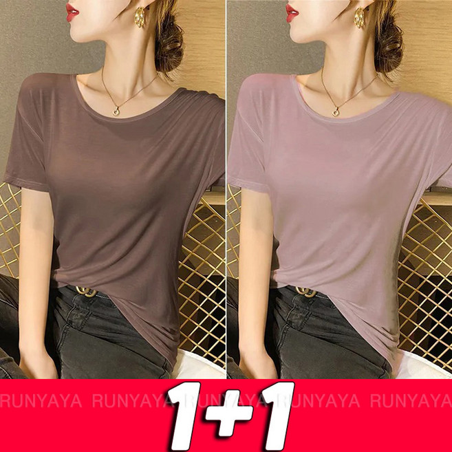 1+1 모달 반팔 티 여성 여름 루즈핏 슬림 반팔티셔츠 얇은 이너티 빅사이즈 라운드넥 기본티 D99U