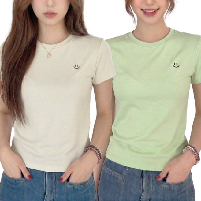 바이로이 1+1 여성 스마일 스판 반팔티