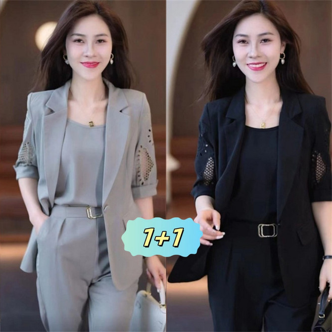 AOKADA 1+1 여성 여름 정장 세트 반팔 블레이저 + 끈나시 + 배기 팬츠 쓰리피스 오피스룩 출근룩