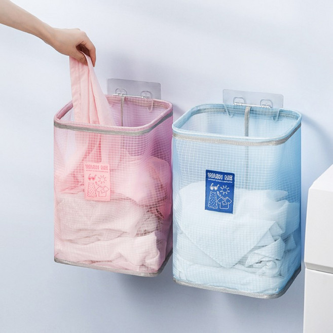 무타공 벽걸이 빨래바구니 접착식 빨래바구니 2개입, No.01 블루 2개입, 블루+블루