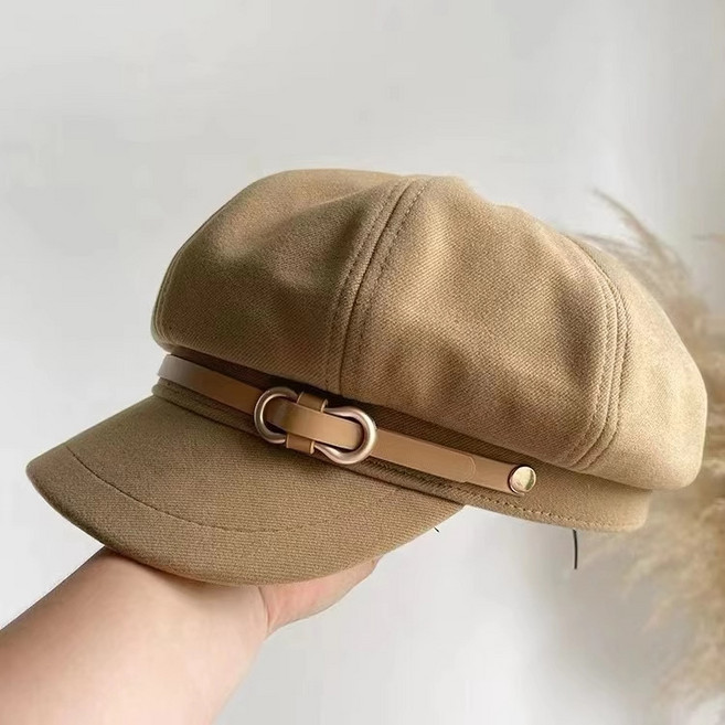 모자 가을 겨울 모자는 얼굴이 작게 보이는 데 도움이 되는 복고 스타일의 2025년 신모델 여성 문예 신문 배달원 모자 팔각 모자 접이식 모자 벨트 버클은 일본 스타일의