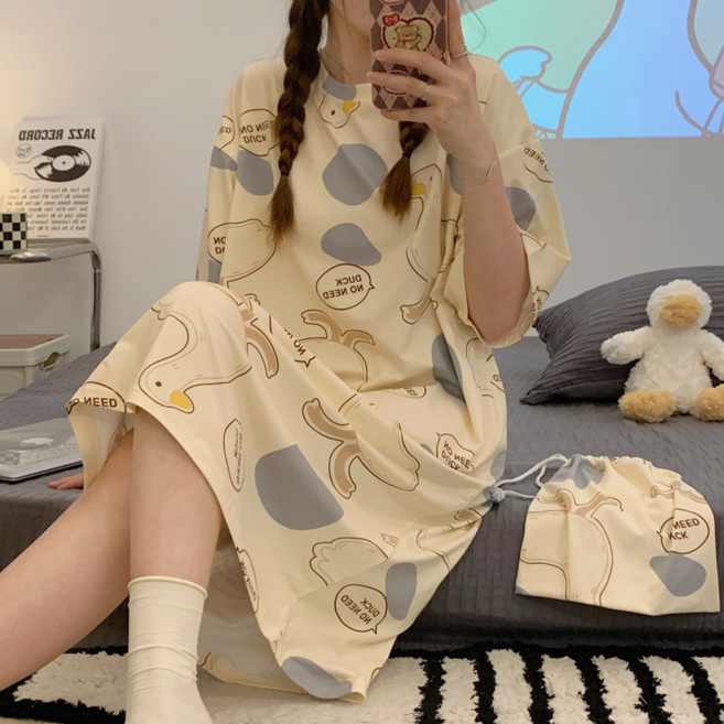 少女卡通印花睡裙 韓版寬鬆學生夏季薄款過膝家居服