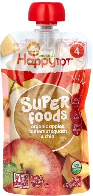 Happy Family Organics Tot 슈퍼 푸드 2년 이상용 유기농 사과 버터넛 스쿼시 치아 맛 120g(4.22oz) Organics (해피 패밀리 오가, 1개, 120g - 쿠팡