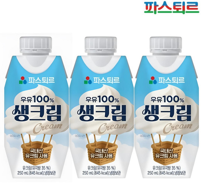 파스퇴르 우유 생크림, 3개, 250ml