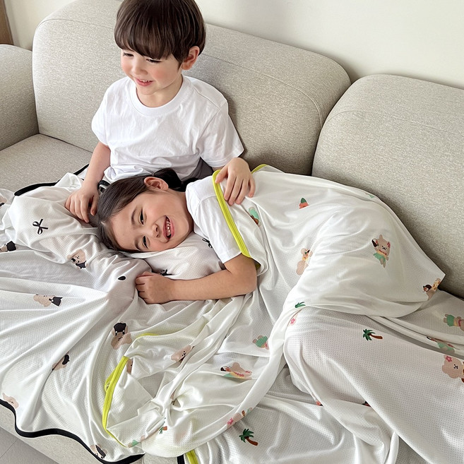 에끌 KC인증 쿨메쉬 아기 낮잠 이불 여름 블랭킷 +파우치, 테디라임