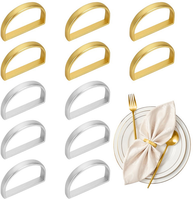 12 개 냅킨 링 금색 | 은색 금속 냅킨 링 세트 반원형 냅킨 링 냅킨 버클 냅킨 링 결혼식 피로연 저녁 식사 테이블 장식용 반원형 냅킨 홀더, 1개