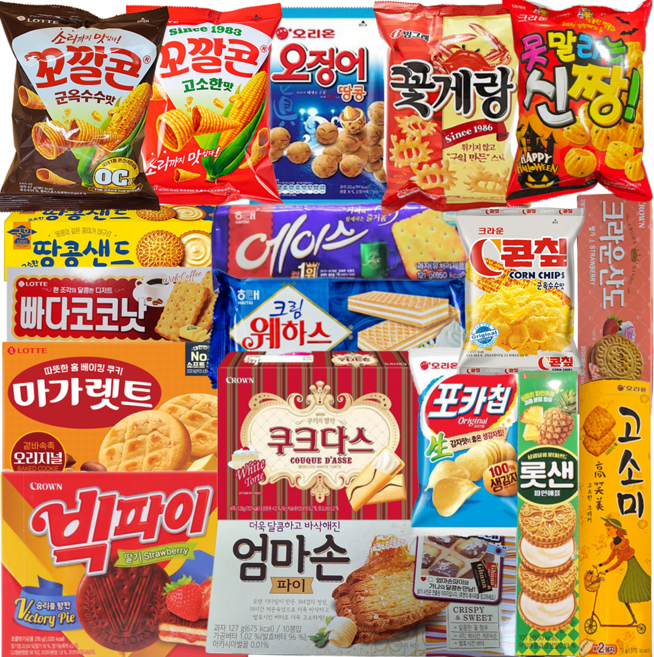 사무실 탕비실 간식 과자 18종 세트 꼬깔콘 오징어땅콩 꽃게랑 신짱 땅콩샌드 에이스 콘칩 크라운산도 빠다코코낫 마가렛트 웨하스 쿠크다스 포카칩 롯샌 고소미 빅파이 엄마손파이, 1세트