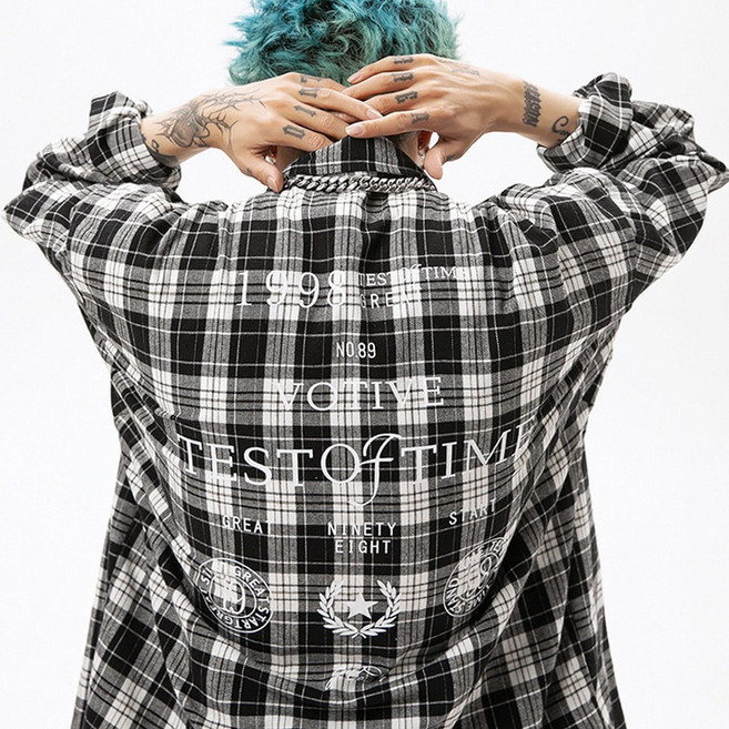 지디오 남성 체크 셔츠 카라 포켓 긴팔 남방 오버핏 레터링 프린팅 타탄 면남방 프리사이즈 레이어드 남자셔츠 와이셔츠