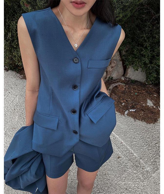 여성 패션 정장 세트 봄여름 고급스러운 브이넥 민소매 정장 조끼 상의 하이웨스트 와이드 반바지 오피스룩 투피스 YHY
