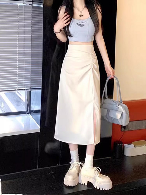 DIU 黑色半身裙女高級感垂感開叉中長裙春秋季新款高腰顯瘦一步裙