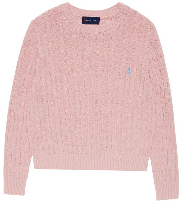 라파클럽 여성 케이블 라운드넥 긴팔 니트 스웨터 여름 꽈배기 자수 로고