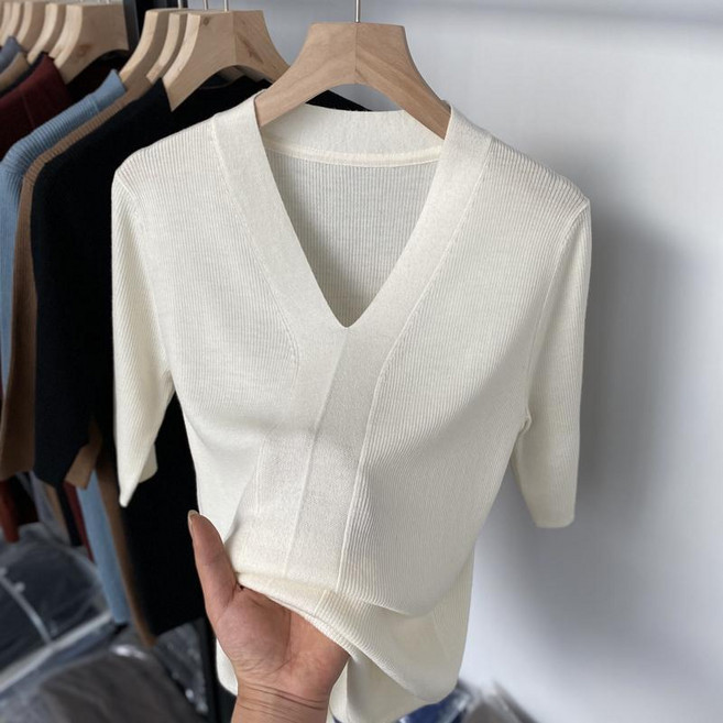 Makone 여성 니트 반팔 티 브이넥 베이직 소프트 캐주얼 5부소매 무지 티셔츠 데일리