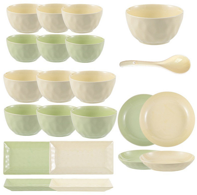 BLOWFISHFUGU 크림 도자기 홈세트 심플 식기 예쁜 접시세트 4인용 18종 세트{신혼부부 집들이선물}, 녹색+베이지색, 1세트, 그릇+접시+도자기 스푼