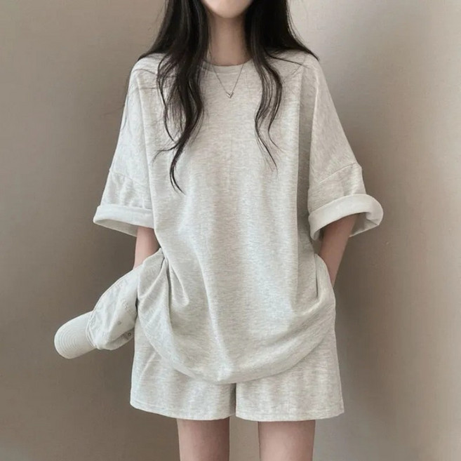 엘바리스 여성 오버핏 반팔 티셔츠 + 밴딩 반바지 트레이닝 상하 셋업