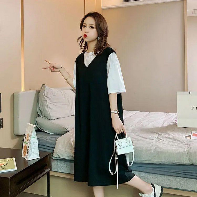 大碼洋裝 假兩件連衣裙 夏季新款, 黑色-【優質面料】+,3XL 100.5-120.0公斤