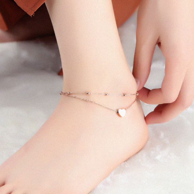 시르겜스 여성용 14k 도금 하트 구슬 두줄 발찌 DD-009