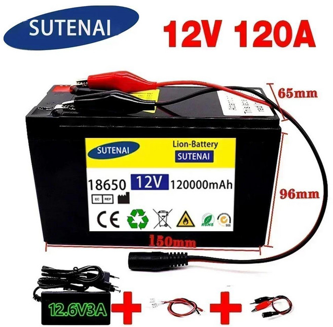 12V 120Ah 120000 mAh 18650 리튬 배터리 30A 분무기 내장 고전류 BMS 전기 자동차 배터리 12.6V 충전기, 1개