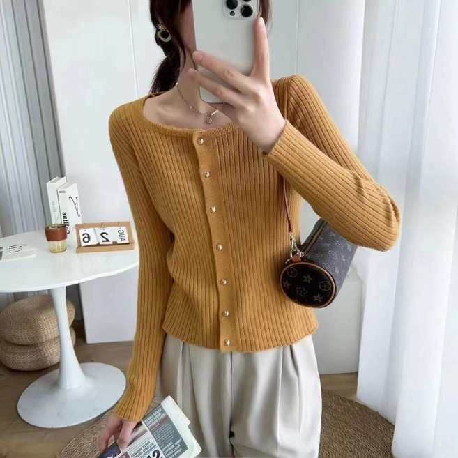 체인지쉬(change she) 여성 스퀘어넥 시크 라인 골지 니트 가디건