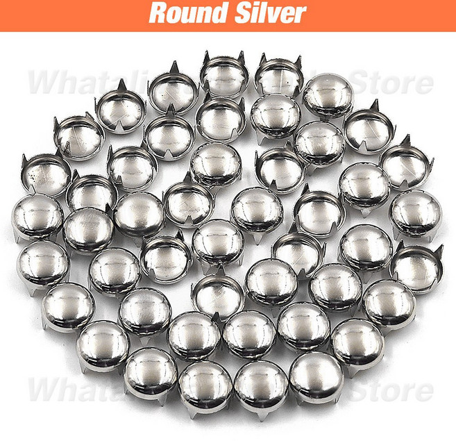 금속 스파이크 리벳 사각형 및 원형 스터드 펑크 록 가죽 공예 의류 신발 가방 벨트 팔찌 DIY용 6mm 7mm 8mm 9mm 10mm 12mm 100, Round Silver, 1개