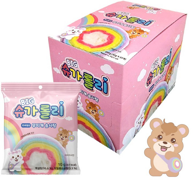 무지개 빅 슈가롤리 롤 한입 레인보우 솜사탕 간식, 100g, 1개