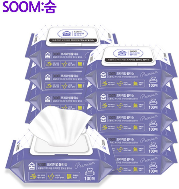 [물티슈] 숨 프리미엄 물티슈 100매 총 10팩, 10개