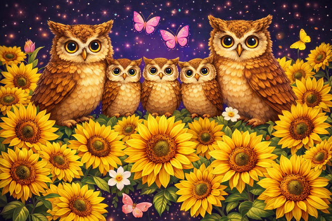 실십자수 해바라기 황금 부엉이 가족 골드 돈 부귀영화 세트 패키지 diy 풀구성, 1개, 40x50cm 면사 3가닥자수