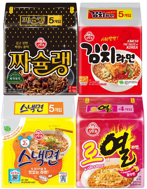 오뚜기 스낵면 5입+짜슐랭 5입+김치라면 5입+로열라면 4입, 4팩
