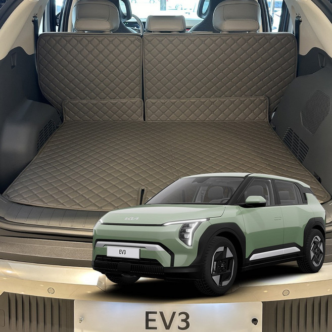 국내제작 기아 EV3 자동차 트렁크매트 + 2열등받이 입체퀼팅 가죽매트, 아래쪽거치, 피칸브라운