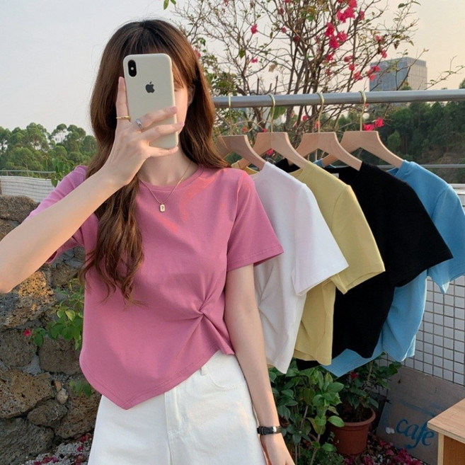 언발 꼬임 반팔티 여성 반팔 티셔츠 네추럴 셔링 크롭 티 데일리 여름 라운드 넥