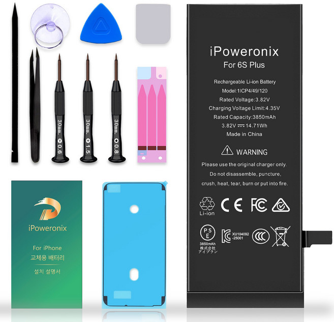 iPoweronix iPhone 6S Plus 대용량 배터리 3850mAh KC인증 안전IC 탑재 616-0004 호환 교체용 한글 설명서 포함, 1개, iPhone 6S Plus 배터리，분해 도구 포함