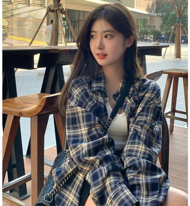 커플 루즈핏 체크 긴팔 셔츠 자외선 차단 얇은 코트