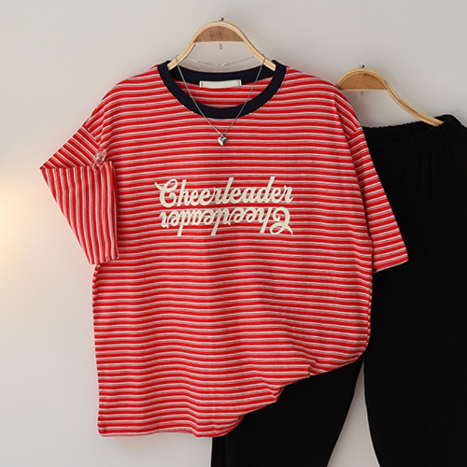 스카이코코 여성 반팔 티셔츠 배색 단가라 리더 단 반팔티