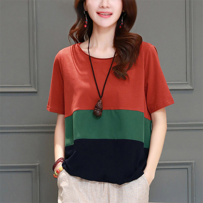 Vezri 중년여성용 여름 편안한 루즈핏 빅사이즈 반팔 티셔츠