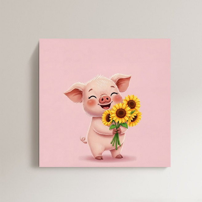 [인메이블] 복들어오는 행복한 토끼 돼지 동물 아이방 11종 그림 액자 캔버스액자 행복한 거실 인테리어 액자 재물운 벽 인테리어, 10.꽃다발 아기돼지
