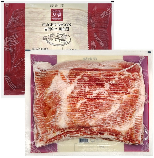 [묶음]오뗄 슬라이스 베이컨 1KgX5개 냉동 3mm 피자토핑 햄버거패티 베이커리용, 5개, 1kg